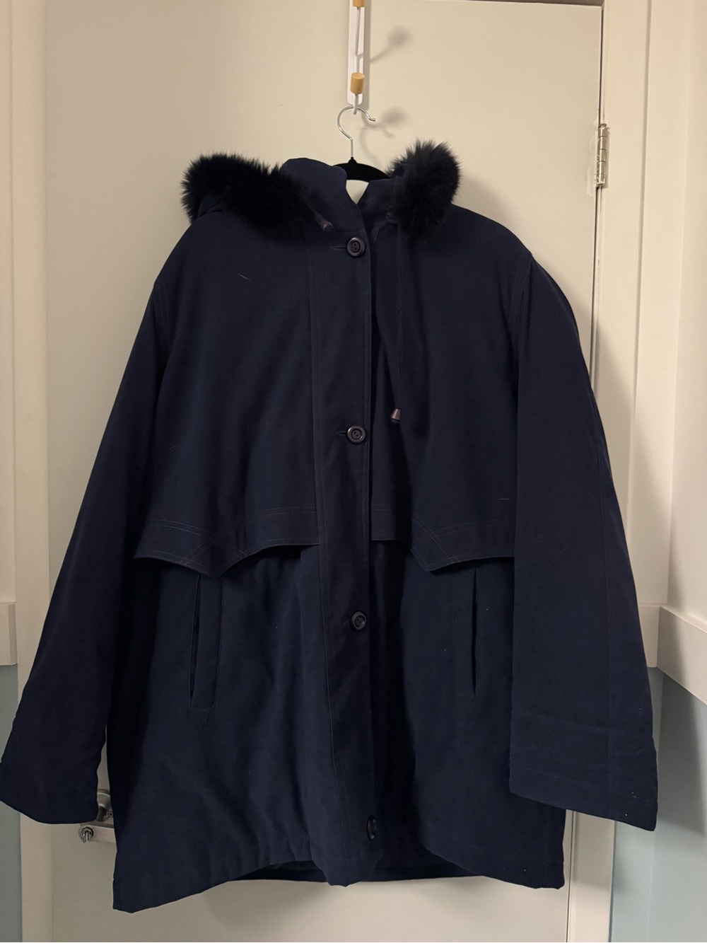 Vintage Navy Fox Fur Trim Hooded Coat